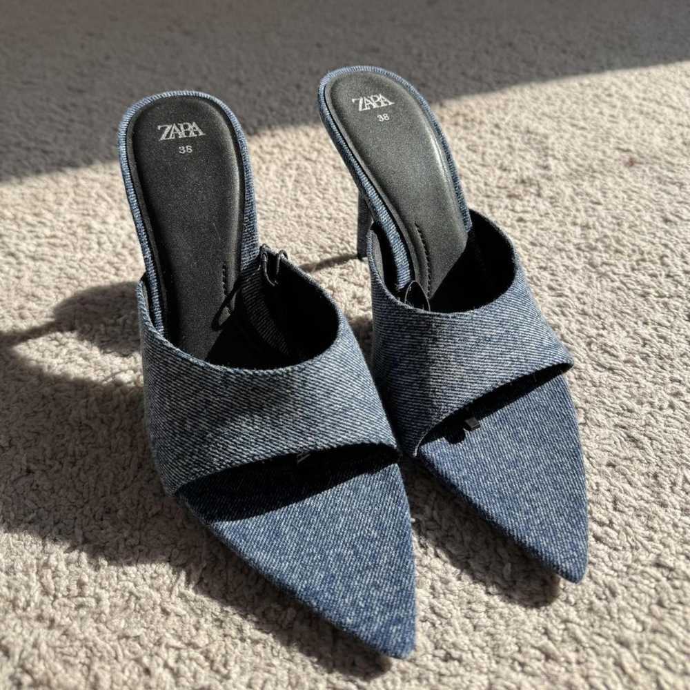 Zara Blue and Navy Knit Denim Pointed Toe Sandals Heels